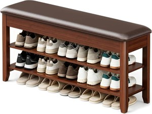 $140 LBT Shoe Bench with Storage, Solid Rubberwood Shoe Rack Bench for Entryway