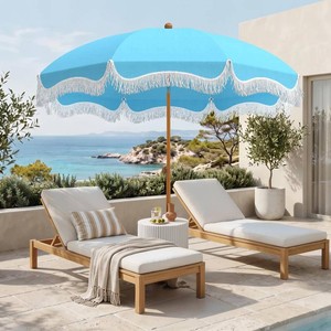 $100 7ft Beach Umbrella with Sand Anchor, Fringe Umbrella for Pool, Blue