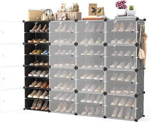 $108 Portable Shoe Rack with Door, 64 Pairs Cabinet Easy Assembly, Plastic Adjustable Shoe Storage Organizer Stackable Detachable Free Standing DIY Expandable 8 Tier Black
