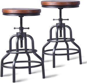 $120 LOKKHAN Vintage Industrial Bar Stool-Rustic Swivel Barstools-Round Wood Metal Base-Kitchen Counter Height Adjustable Pipe Stool-Cast Steel Chairs 20-27 Inch (Set of 2)
