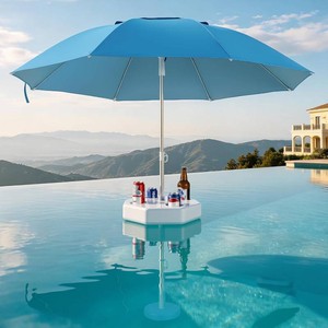 $170 Floating Pool Umbrella for Inside of Pool with Weighted Base, UV Sun Shade & Floating Table with 4 Cup Holders, Adjustable Aluminum Pole for Swimming Pool, Beach & Lakes