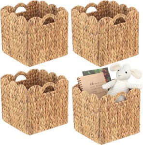 $76 Set of 4 Foldable Scalloped Water Hyacinth Storage Cubes Basket, Storage Cube Bins -12x12x12, Collapsible Cube Organizers, Water Hyacinth Woven Bins for Bathroom, Bedroom, Laundry, Pantry, Shelves