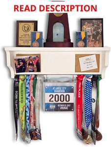 $80 All-in-1 Medal Award Display - 23 Trophy Shelf, Bib Hanger, Plaque, Picture, Race Photo and Lanyard Medals. Patented Groove Design (White)