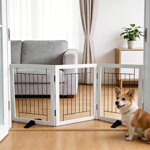 $47 ZJSF Freestanding Dog Gate Indoor, Foldable Dog Fence for Doorways,Hallways or Stairs, Sturdy Wood Extra Wide Pet Gate with Support Feet,White,24 Height-3 Panels
