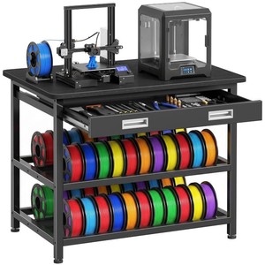 $140 3D Printer Stand with Filament Storage - Heavy Duty 3D Printer Table with Metal Drawer, 36 inch 3 Tier Metal 3 D Printing Desk for 3 D Printers, Black