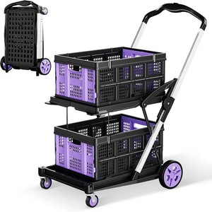 $200 8-in-1 200LBS Collapsible Shopping Cart, Multi Functional Utility Cart with 2 Storage Crate,Adjustable Handle Grocery Cart on Wheels for Shopping, Warehouse, Office, Supermarket - Purple