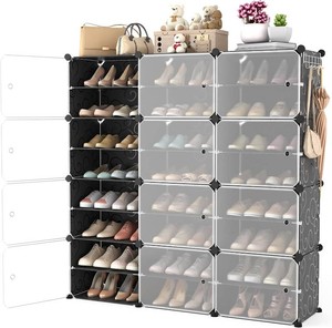 $76 Portable Shoe Rack Organizer with Door, 48 Pairs Shoe Storage Cabinet Easy Assembly, Plastic Adjustable Shoe Organizer Stackable Detachable Free Standing Shoe Rack DIY Expandable 8 Tier Black
