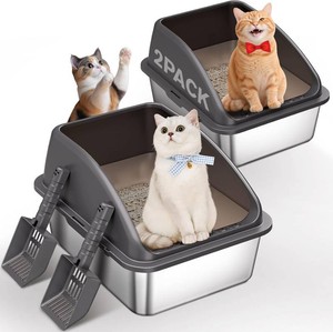 $60 2PACK Stainless Steel Cat Litter Box,Large Litter Box with High Sides for Multiple Cats,Kittens,Metal Kitty Litter Boxes with Anti-Leak Lid,Non-Stick,Odorless,Easy to Clean,Scoop Included