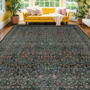 $180 Floral Dark Green Washable Area Rugs 8x10, Vintage Living Room Rug