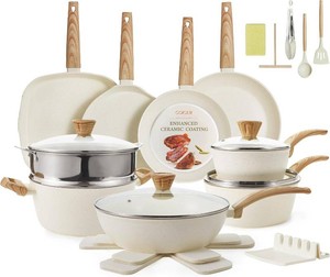 $200 26Pcs Pots and Pans Nonstick Ceramic Cookware Set Nontoxic Kitchen Cooking Set with Steamers Utensils Induction Compatible, PFAS/PFOA Free, Oven and Dishwasher Safe, Cream White