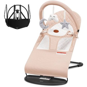 $54 HKAI Baby Bouncer, Portable Baby Bouncer Seat for Babies 0-18 Months, 100% Cotton Fabrics, 3 Modes of use with Rocker and Stationary Options, Infant Rocker Chair with Hanging Toys-Organic Oat