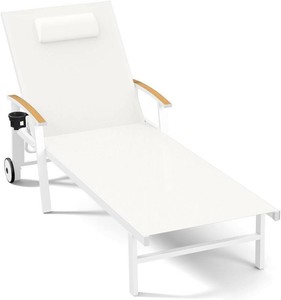 $150 Ciokea Outdoor Lounge Chair with Pillow, 5-Position Aluminum Chaise Lounge with Wheels & Armrests, 400 lbs Heavy Duty Patio Pool Chair for Deck, Backyard, Beach & Poolside, White