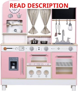 $160 EDUBEBO Kids Kitchen playset, Wooden Play Kitchen, Height Adjustable, Comes with Various Kitchen Accessories, Ideal Role Play Toy Gift for Toddlers and Kids Ages 3-8 (Pink)