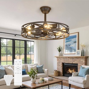 $80 Depuley Caged Ceiling Fans with Light 24-Inch Black Metal Enclosed Farmhouse Fandelier for Kitchen Bedroom - Industrial Semi Flush Mount Ceiling Fan with Remote 6 Speeds Reversible Motor Timer
