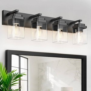 $100 Black Bathroom Light Fixtures, 4 Lights Bathroom Lighting Fixtures Over Mirror, Square Design & Rectangle Large Backplate, Modern Vanity Lighting Fixtures, for BathroomLiving RoomBedroom
