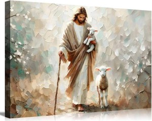 $33 Jesus Lamb Canvas Wall Art - Christ The Good Shepherd Wall Decor Picture - Finds The Lost Lamb Poster Print for Living Room, Bedroom, Church - Home Decoration Ready To Hang