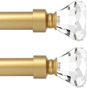 $46 Gold 2 Pack Window Treatment Single Curtain Rod, Adjustable Drapery Rod Set from 48 to 86 Inches with Crystal Finial Finials(4-7.2ft), 1-Inch Diameter Curtain Rods for Windows
