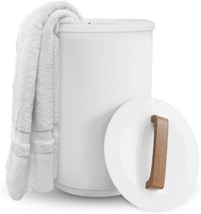 $90 SAMEAT Heated Towel Warmers for Bathroom - Large Towel Warmer Bucket, Wood Handle, Auto Shut Off, Fits Up to Two 40X70 Oversized Towels, White