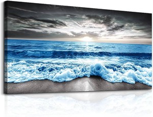 $140 MHARTK66 Large Wall Decor For Office Framed Wall Art For Living Room Modern Bedroom Wall Decor Blue Beach Sun Ocean Landscape Canvas Prints Wall Paintings Seascape Pictures Artwork Home Decor 60x30