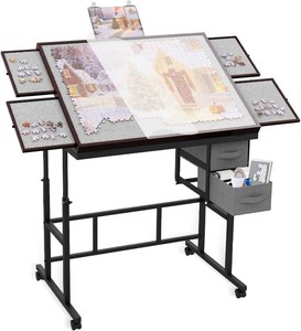 $180 Jigsaw Puzzle Table for Adults with 6 Drawer and Legs, 1500 Pieces Puzzle Table with Protective Cover&Wheels, Adjustable Height and Five up Angles, Coffee&Gray