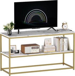 $83 Function Home TV Stand for TVs up to 50 Inch, 2 Tier Entertainment Center, Modern TV Cabinet with Marble Top and Gold Metal Base, 42 Media Console Table with Storage for Living Room Bedroom