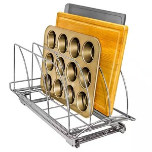 $60 Slide Out Cutting Board Bakeware and Tray Organizer - Pull Out Kitchen Cabinet Rack 10 in. W x 21 in. D - Chrome