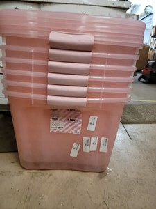 Stack of 6 Bella No Break baby pink 80qt storage totes with locking lids (may be slight damage, still fully functional)
