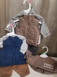 Lot of 2 Newborn Carters 3pc Pant, shirt & Puffer vest outfits and 1-9month sweatshirt style onsie