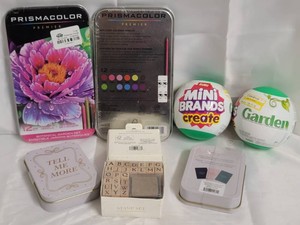 PrismaColor Premier 12ct Colored Pencils Botanical Garden Sets, Zuru Mini Brands Create Garden, Tell Me More Chat Cards and 26pc Stamps with Ink Pad Lot