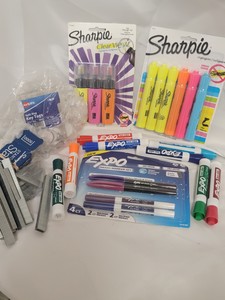 Sharpie highlighters, Dry erase markers, key tags and office staples