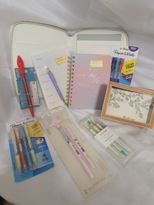 Planner, Journal, thank-you cards and assorted writing utensils