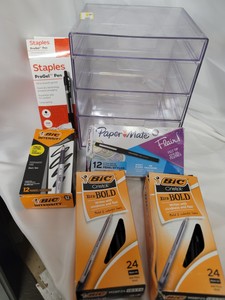 Acrylic desktop drawer organizer and assorted multi-packs of gel, ink and felt tip pens
