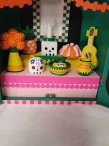 Dia de Muertos the Ofrenda (alter) Ciollection celebratory food display cabinet designed with Cecilia Ruiz approx 8x4x12in