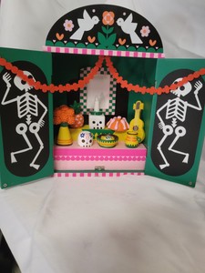 Dia de Muertos the Ofrenda (alter) Ciollection celebratory food display cabinet designed with Cecilia Ruiz approx 8x4x12in