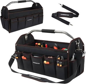 20 In Tool Carrier, Open Top Tool Tote 30 Pockets, Waterproof Tool Bag For Men, Foldable Wide Mouth Electricians Tool Bag, With Stainless Steel Handle and Removable Shoulder Strap