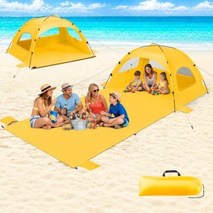 Beach Tent Sun Shelter with 114 x 82 Extended Mat for 3-6 Person,UPF 50 UV Protection,Easy Setup Beach Shade Canopy,Portable Camping Sun Shelters with 3 Mesh Window for Family Picnics Fishing Yellow