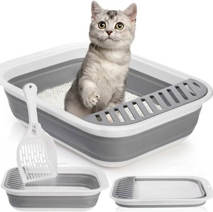 Tlence Collapsible Small Cat Litter Box, 17.7 Open Foldable Kittens Potty with Scoop, Shallow Anti Splash Travel Cat Toilet, Semi Enclosed Height Adjustable Sides Litter Pan for Sick Frail Cat Grey