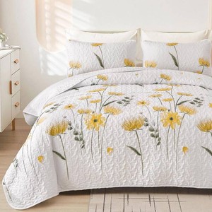 Dinjoy Floral Quilt Set Queen Size, Yellow Flower Bedspread Coverlet Set