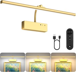Lightbiz Picture Light, 20inch 6000mAh Rechargeable Picture Lights for Wall Battery Operated Wall Lights with Remote, 3 Colors Paintings Light Dimmable Art Light for Artwork, Gallery (Gold)