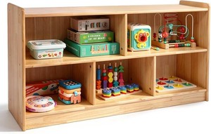 $130 Montessori Shelf for Daycare & Preschool - 47 Inch Classroom Toy Storage Organizer with 2 Tier Bookshelf, 5 Section Wooden Storage Cabinet for Playroom, Nursery, Kindergarten