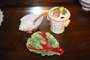 Royal Bayreuht Lobster Dish, Fitz and Floyd Oceana Shell Bowl & Coronet Pottery Fruit Sugar Bowl