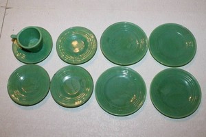 Circa 1940s Little American Maid Playtime Green Glass Doll Dinnerware