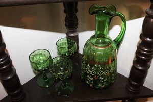 Bohemian Green Glass Decanter Set & Art and Crafts Pottery Vase