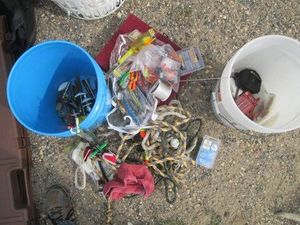 (2) 5-gallon buckets containing mag wart fishing lures, light up spinner and assorted fishing gear