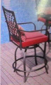 2 Metal swivel patio chairs with red cushions