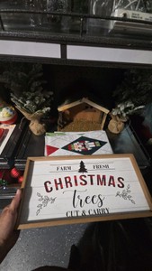Christmas Manger, 2 Decorative Trees, Table Cloth and Sign