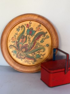 Scandinavian Folk Art Painted Wood Tray & Vintage Red Metal Tin Box