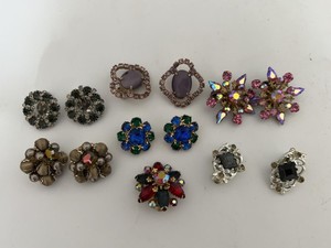 Vintage Rhinestone Clip On Earrings & Brooch Mixed Costume Jewelry Lot