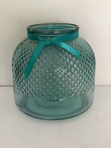 Unmarked Aqua Textured Glass Vase Hurricane Candle Holder 9.5x9