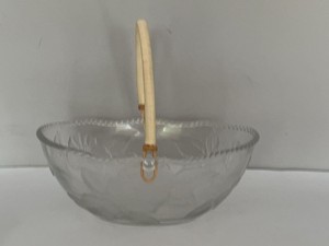 Vintage Clear Pressed Glass Basket Bowl with Wicker Handle Floral